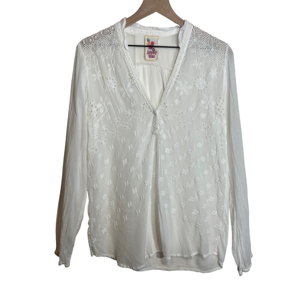 Johnny Was White Embroidered Eyelet V-Neck Cupra Rayon Blouse Top, Womens Medium